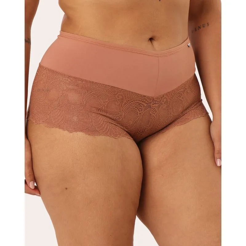 Calcinha Plus Size Feminina Caleçon Poliamida Renda Marrom 48