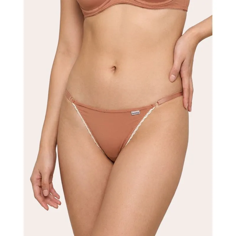 Calcinha Feminina String Regulável Lisa com Renda Bege G