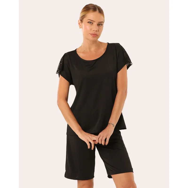 Pijama Feminino Manga Curta com Renda Preto P