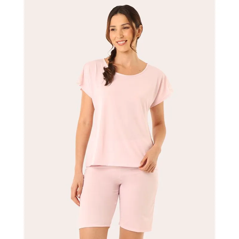 Pijama Feminino Manga Curta com Renda Rosa P