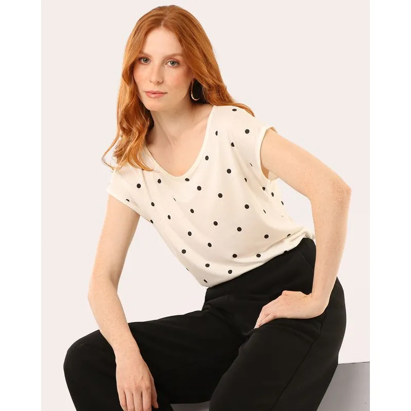 Blusa Feminina Estampada Poá Manga Curta Off White XG