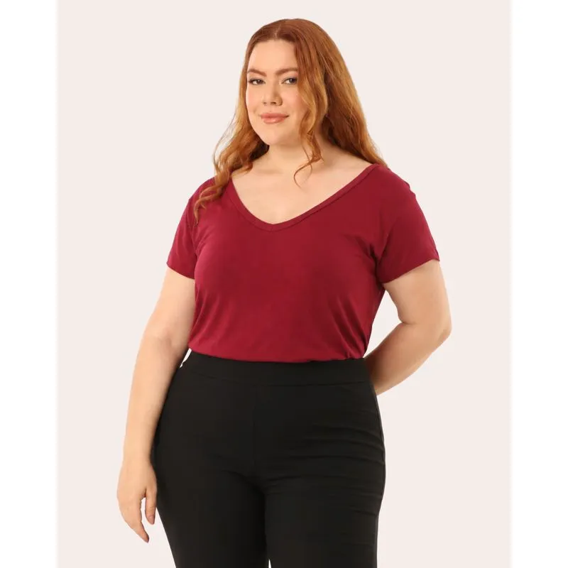 Blusa Plus Size Feminina Básica Manga Curta Vinho G1
