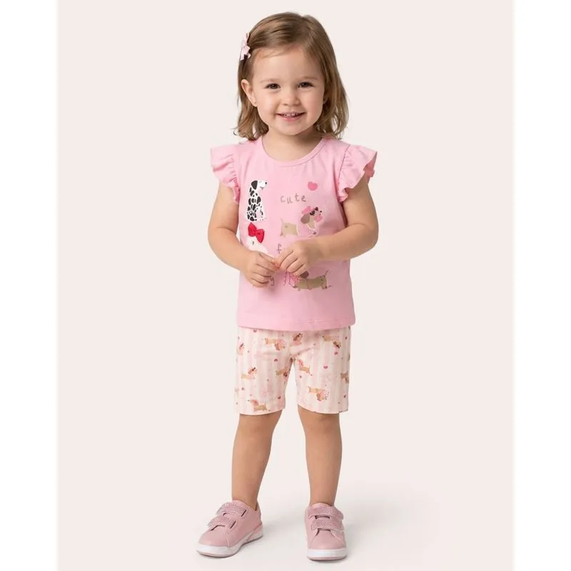 Conjunto Bebê Curto Algodão Cachorrinhos Interativo Rosa 1