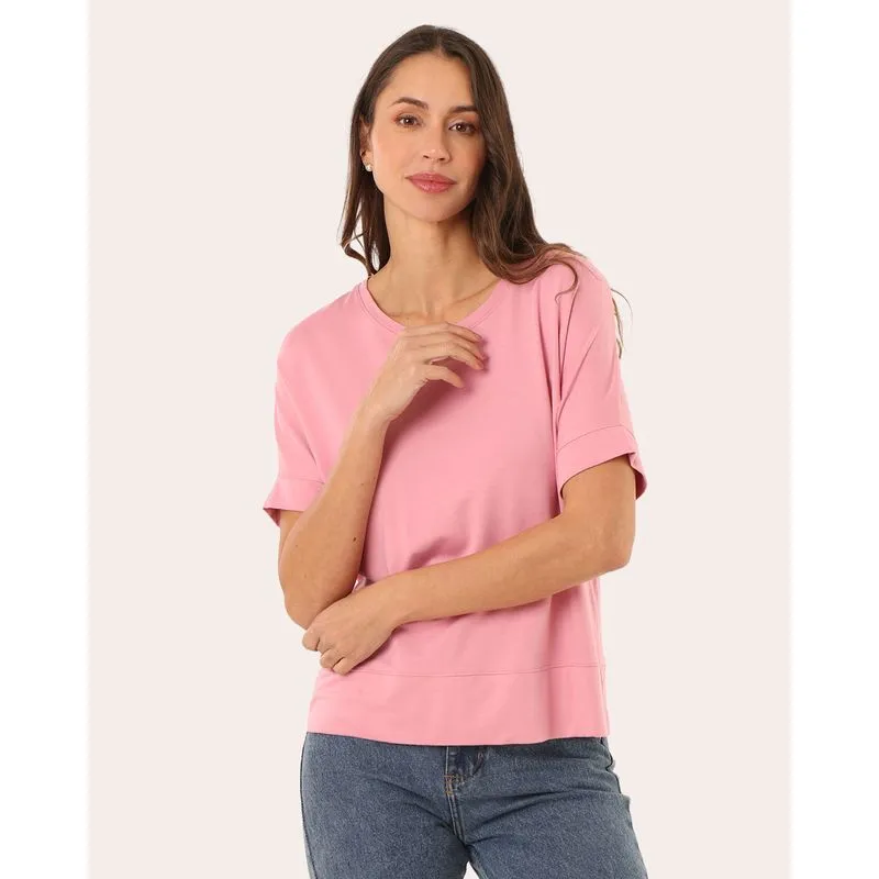 Blusa Feminina Básica Ampla com Barra Larga Rosa P