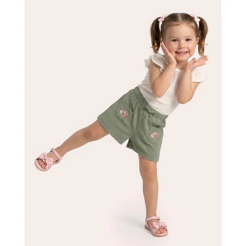 Short Bebê Texturizado com Bordado Flores Verde 4