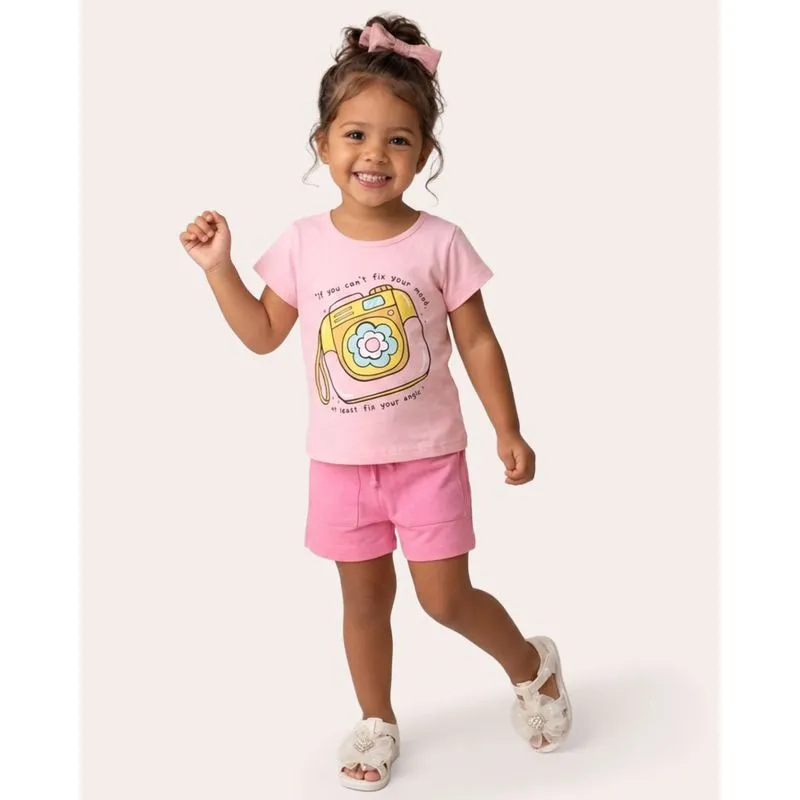 Short Bebê Bolso Frontal com Strass Rosa 1