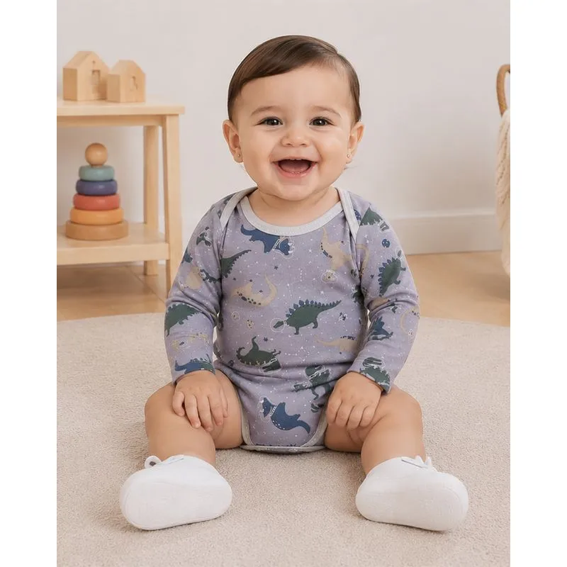 Body Bebê Algodão Estampado Dino Manga Longa Cinza P