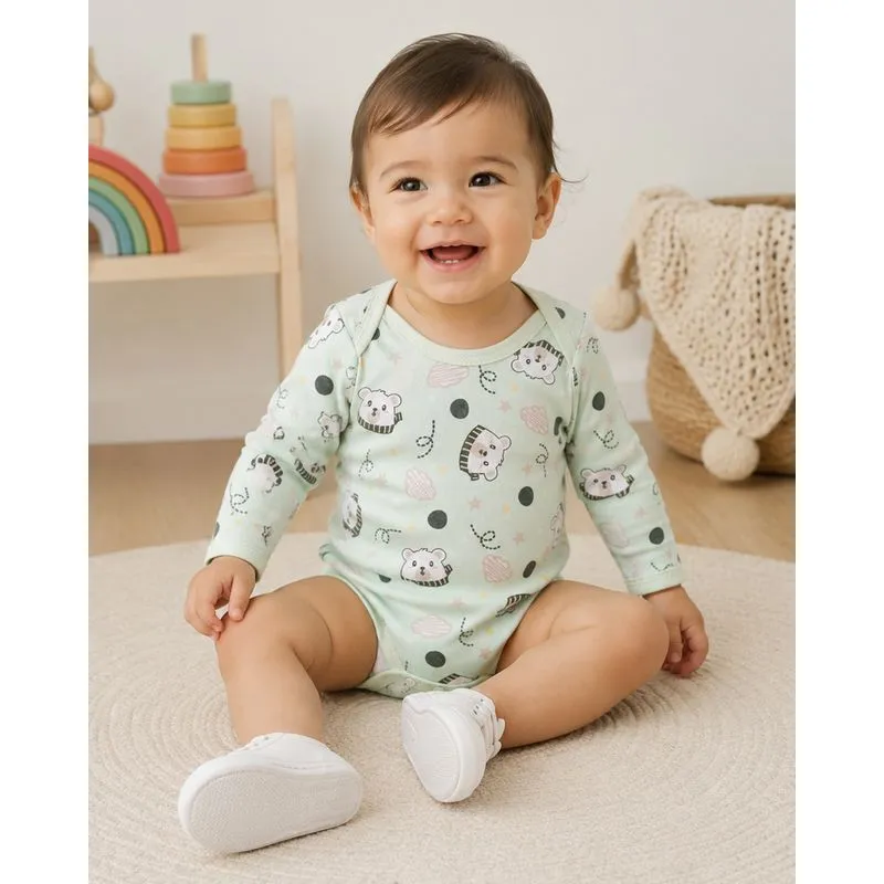 Body Bebê Algodão Estampado Ursinho Manga Longa Verde G
