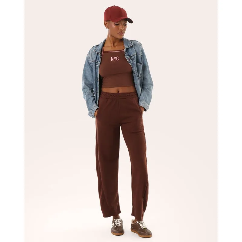 Calça Moletom Feminina Barrel Com Recorte Marrom P
