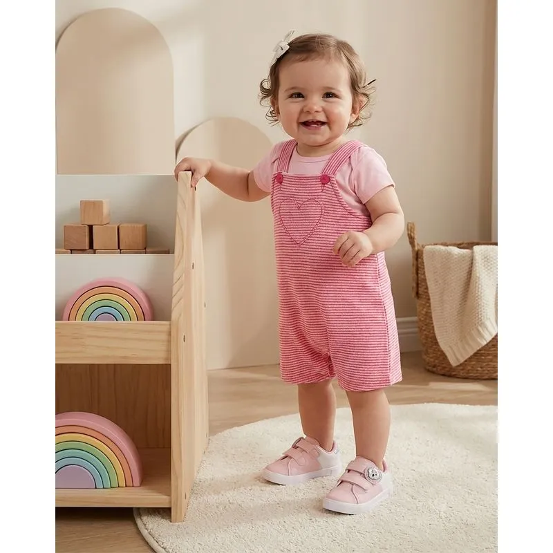 Conjunto Jardineira Bebê Listrado Coração Rosa M