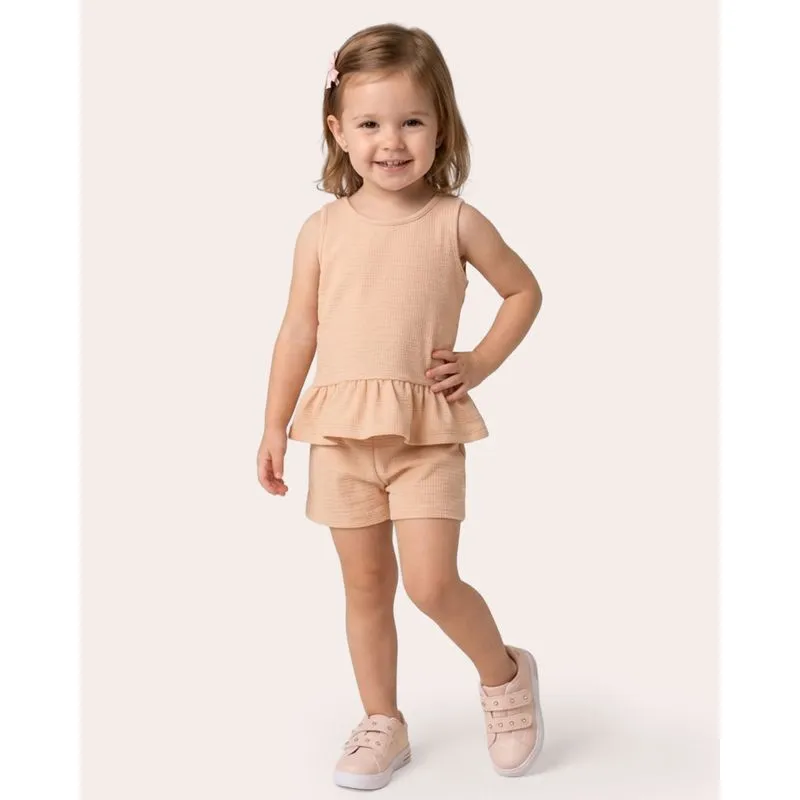Conjunto Bebê Regata Curto Texturizado Babado Bege 1