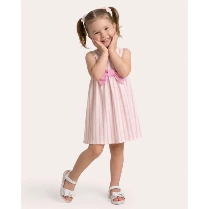 Vestido Bebê Curto Texturizado Listrado com Laço Rosa 1