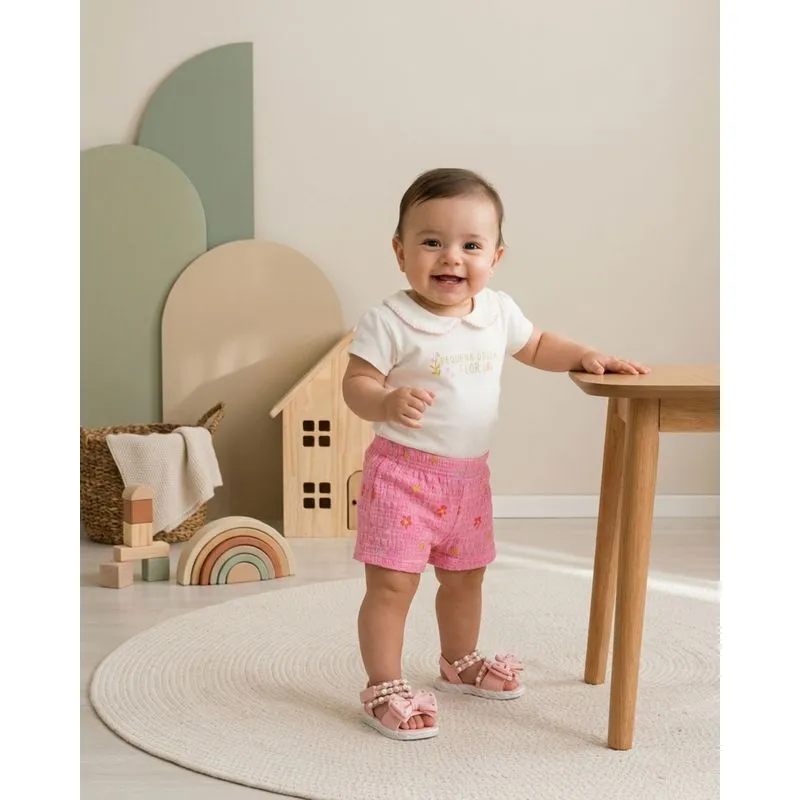 Conjunto Bebê com Gola Polo Estampa Flor Off White M
