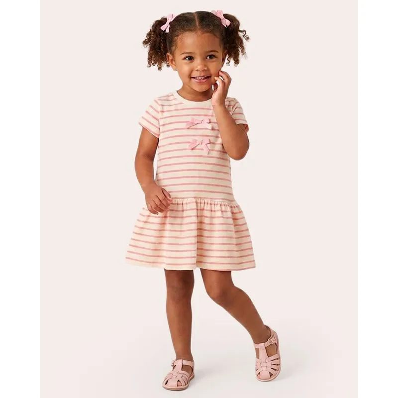 Vestido Bebê Curto Listrado Laços Duplo Rosa UN
