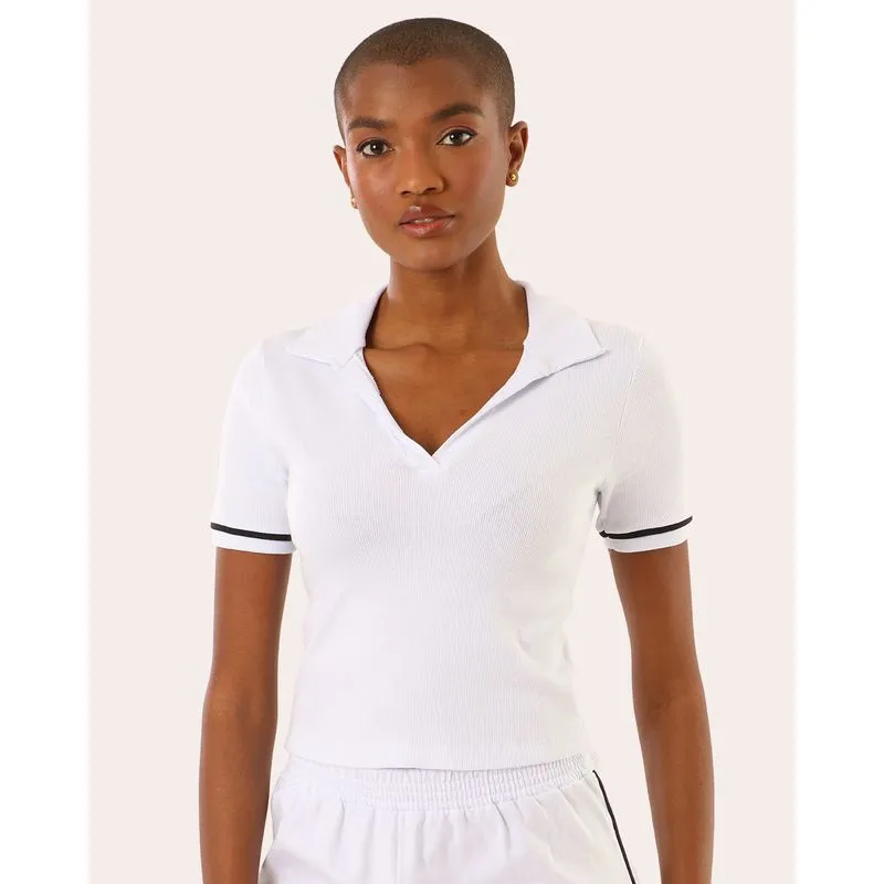 Blusa Polo Feminina Canelada Básica Manga Curta Branca GG