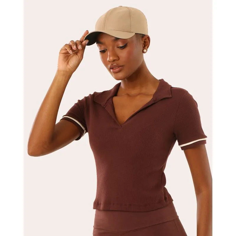 Blusa Polo Feminina Canelada Básica Manga Curta Marrom P