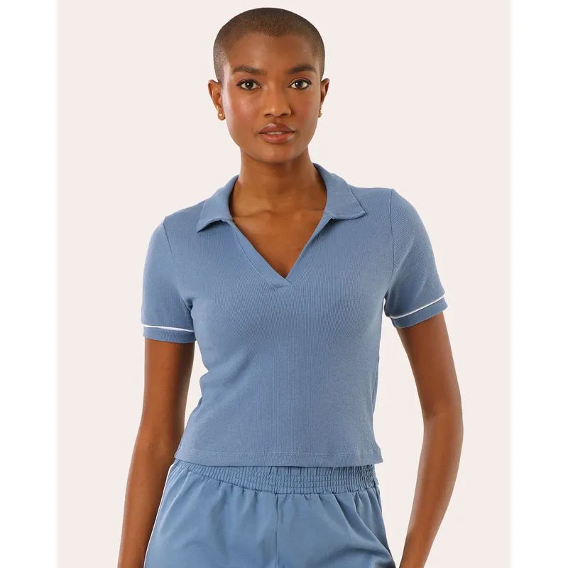 Blusa Polo Feminina Canelada Básica Manga Curta Azul GG