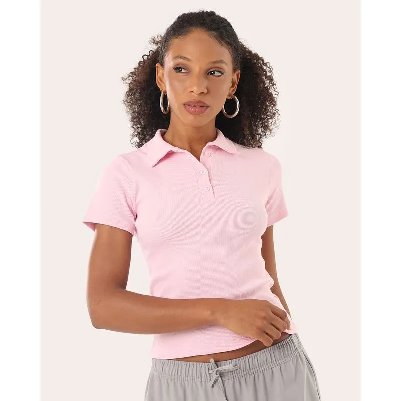 Blusa Polo Feminina Canelada com Botões Rosa PP