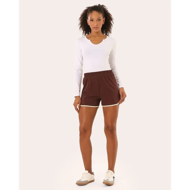Short Feminino Básico Moletinho Algodão com Recorte Marrom GG