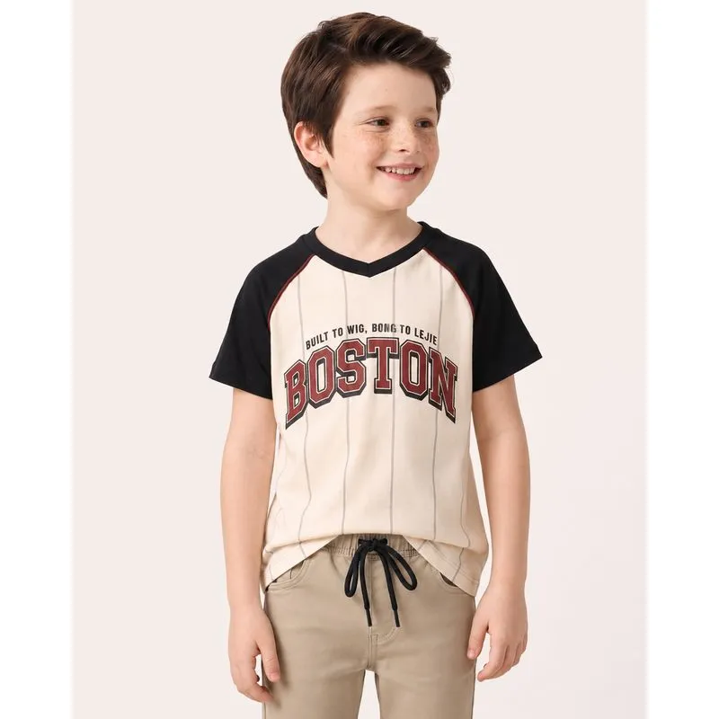 Camiseta Infantil Estampa Boston Listrada Off White 8