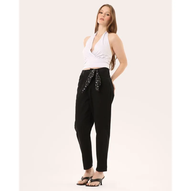 Calça Jeans Feminina Mom Cintura Alta com Lenço Preta 48
