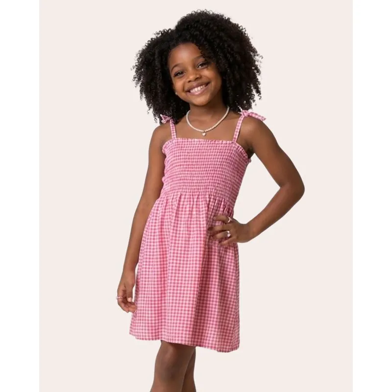 Vestido Infantil Curto Algodão Alcinha Xadrez Rosa 6