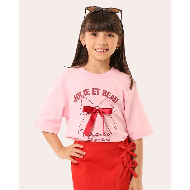 Camiseta Infantil Algodão Oversized com Laço Rosa 8