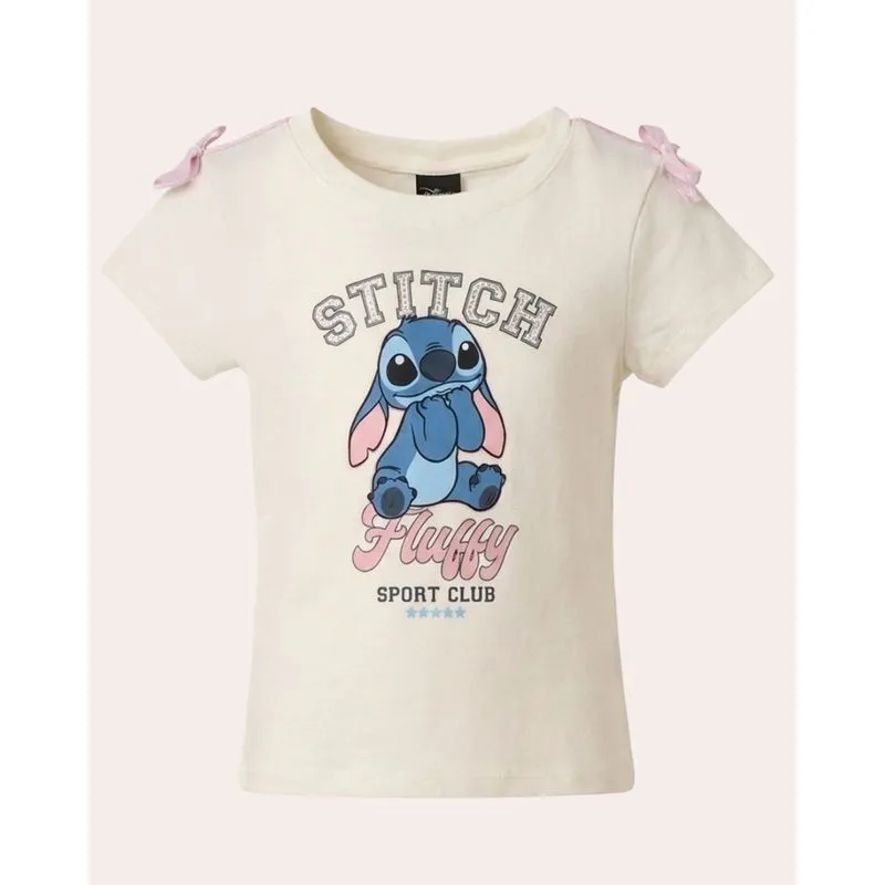 Blusa Infantil Disney Stitch Laços Manga Curta Off White 4