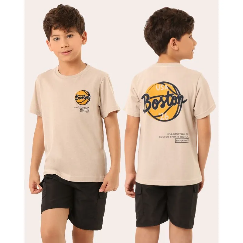 Camiseta Infantil Estampa Frente e Costas Manga Curta Bege 8
