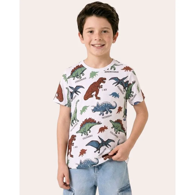 Camiseta Infantil Dinossauros Manga Curta Branca 12