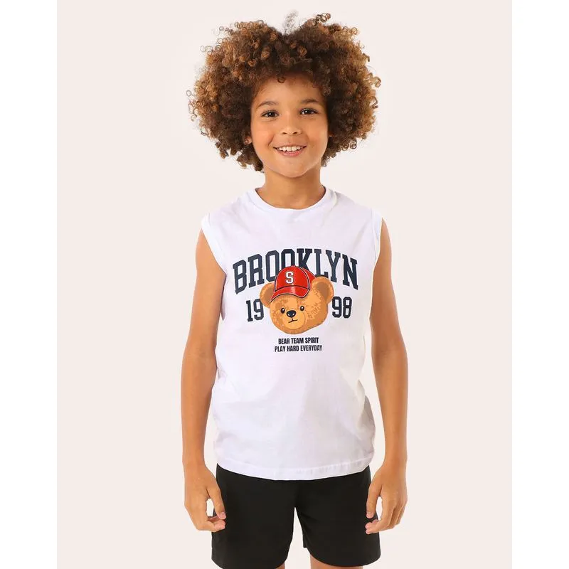 Regata Infantil Algodão Estampa Urso Brooklyn Branco 6
