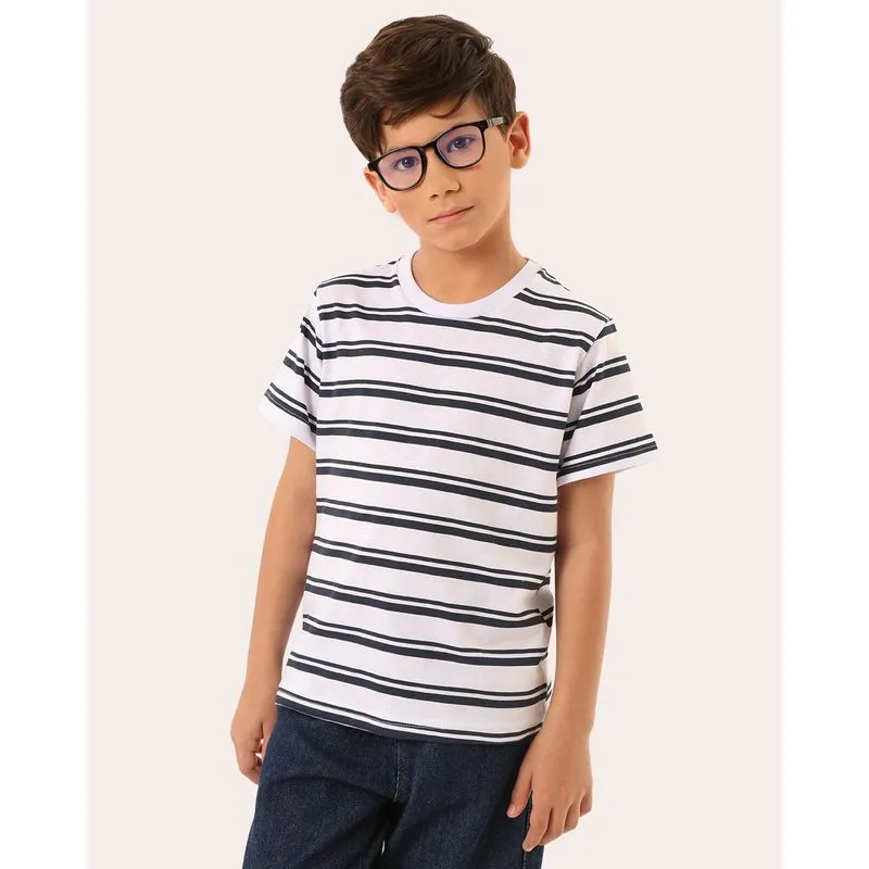 Camiseta Infantil Algodão Listrada Manga Curta Branca 6