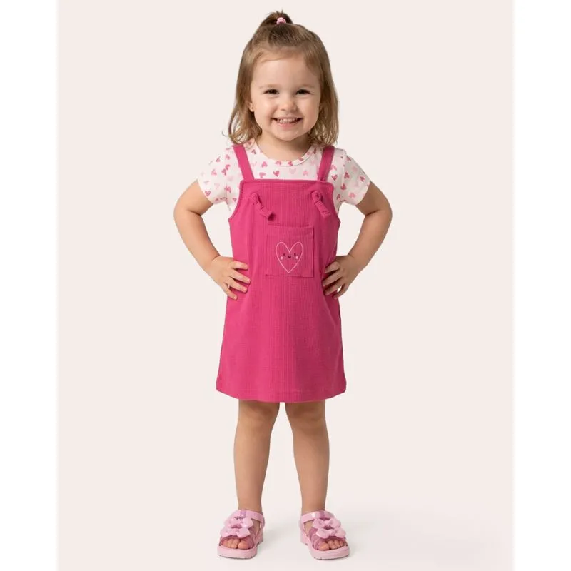 Conjunto Salopete Bebê Texturizado Bordado Coração Rosa 1