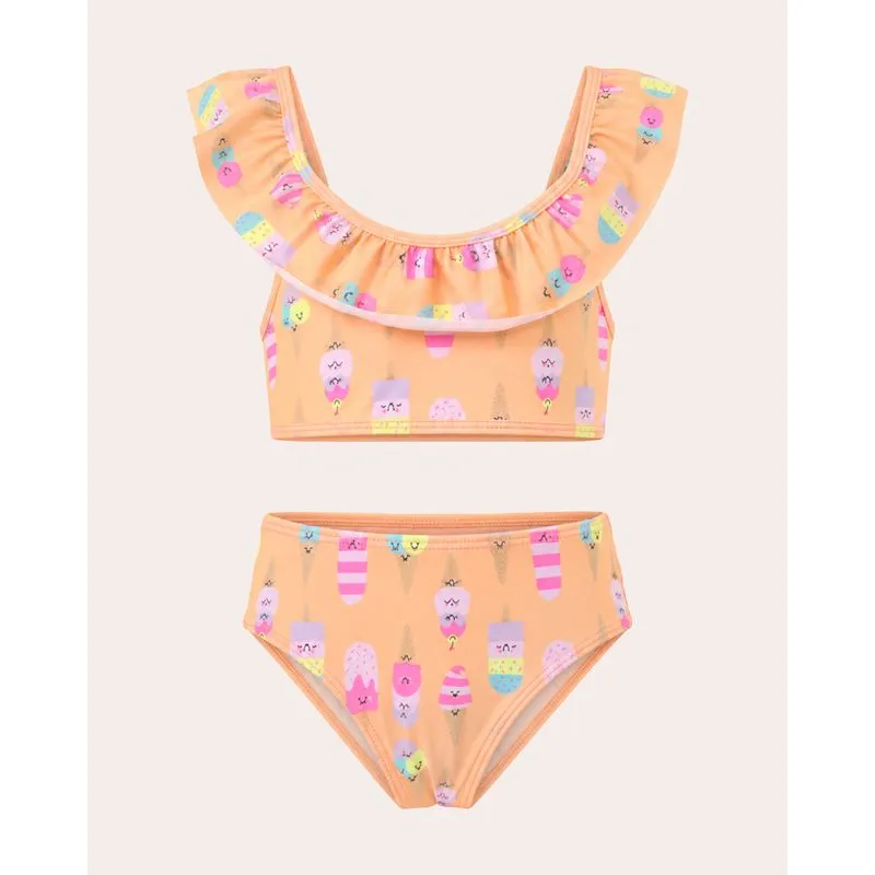 Conjunto Biquini Infantil com Alcinha Frufru Laço Laranja 4