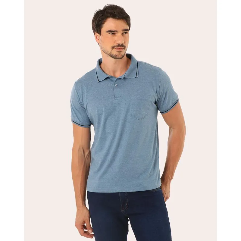 Camisa Polo Masculina Manga Curta com Bolso Azul G