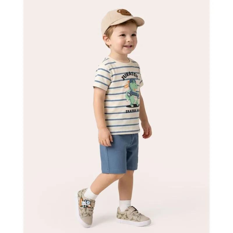 Conjunto Bebê Curto Algodão Dinossauro Listras Off White 2