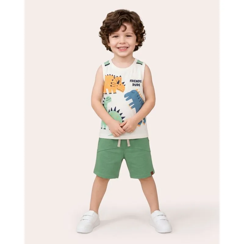 Regata Bebê Algodão com Estampa Dinossauros Off White 1
