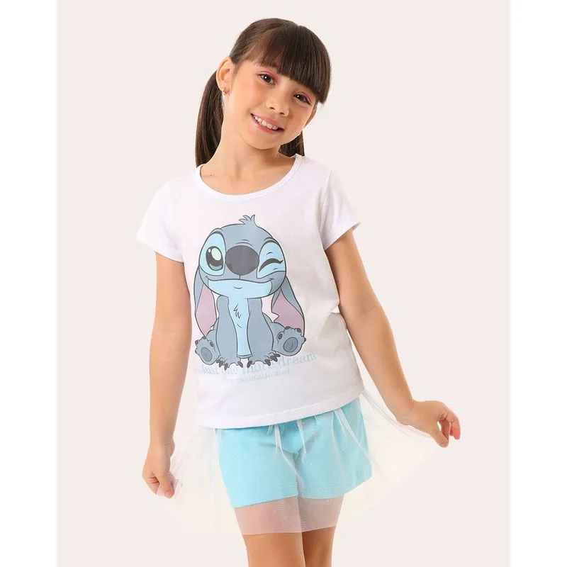 Pijama Infantil Algodão Disney Stitch Tule com Glitter Branco 6