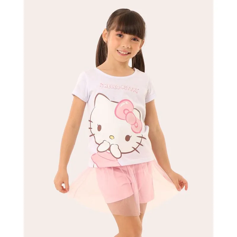 Pijama Infantil Algodão Hello Kitty Short Tule Branco 6