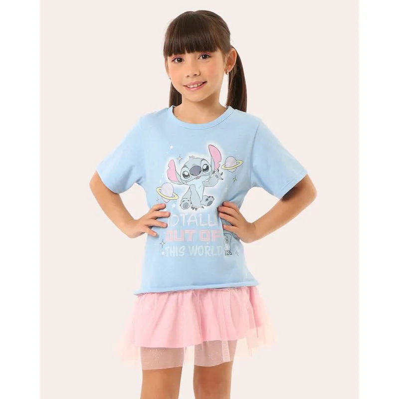 Camisola Infantil Algodão Tule Disney Stitch Azul 8