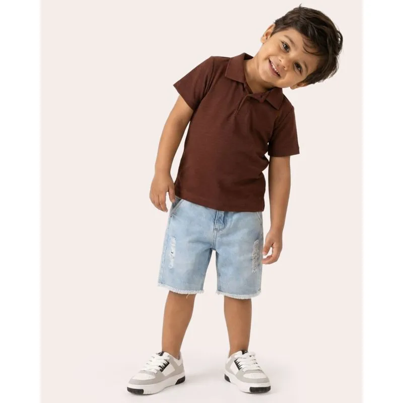 Camisa Polo Bebê Maquinetada Listrada Manga Curta Marrom 3