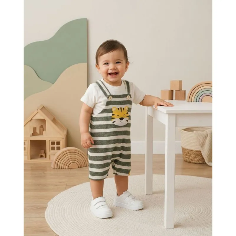Conjunto Jardineira Bebê Listrado Estampa Tigre Verde P