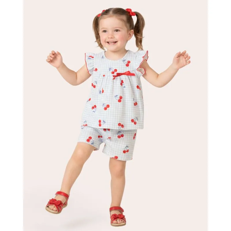 Conjunto Bebê Curto Texturizado Estampa Cerejas Babados Azul 1