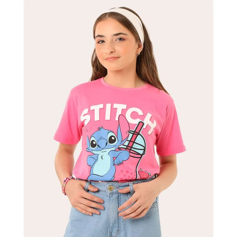 Camiseta Juvenil Disney Stitch Manga Curta Rosa 18