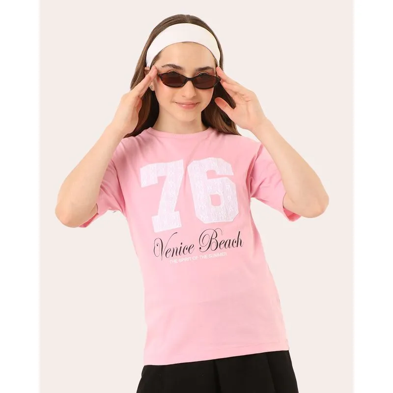 Blusa Juvenil Oversized Estampa 76 Renda Manga Curta Rosa 10
