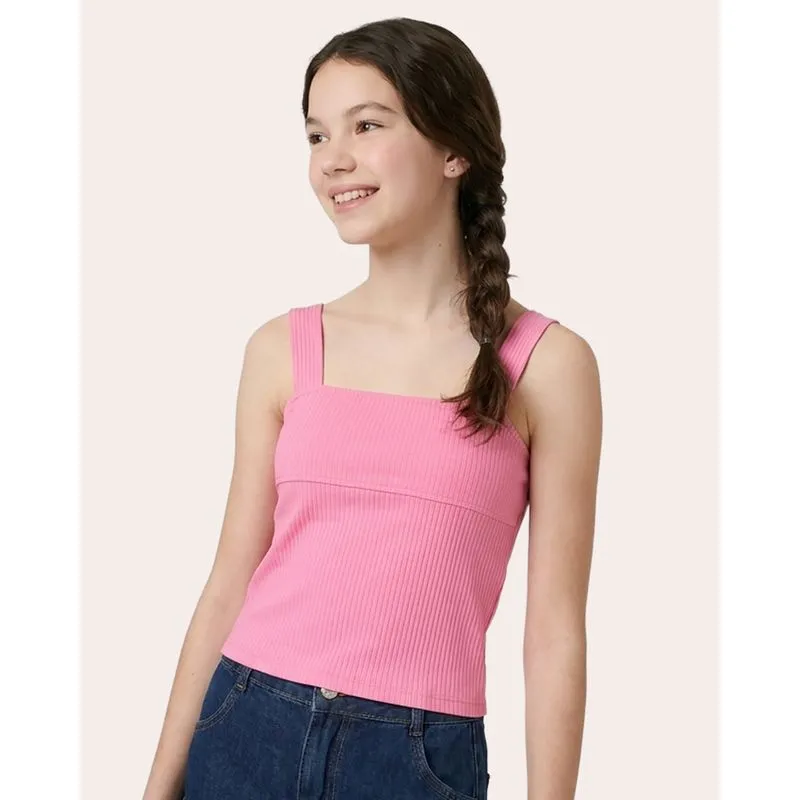 Blusa Juvenil Cropped Alcinha Canelada com Recorte Rosa 12