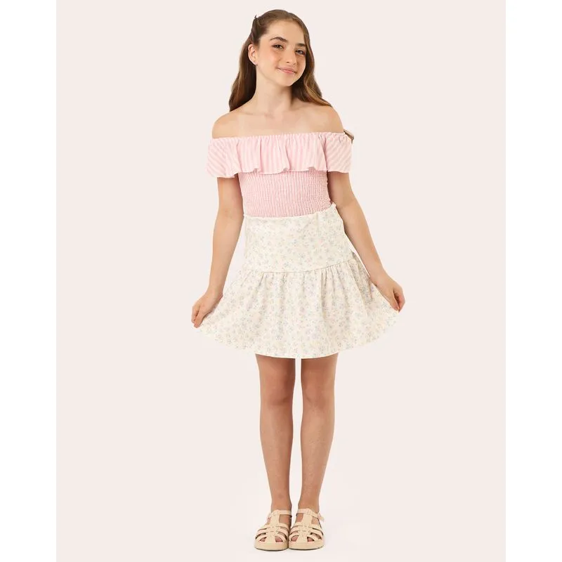 Saia Juvenil Curta com Babado Floral Cós Largo Off White 14