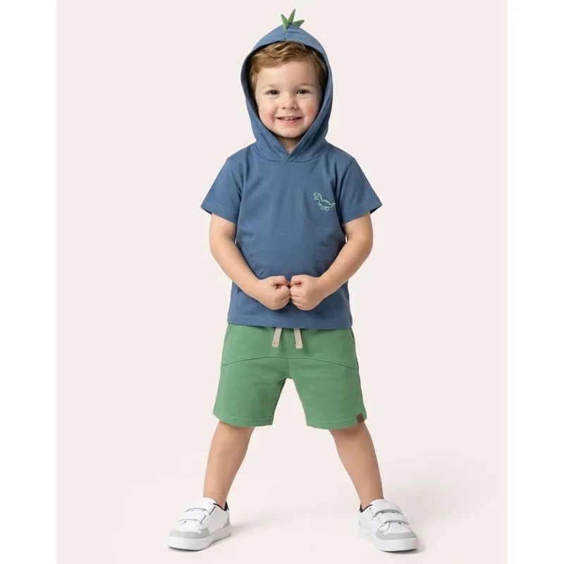 Camiseta Bebê Algodão com Capuz Manga Curta Dino Azul 2