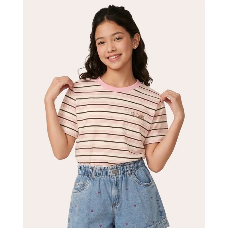 Blusa Juvenil Oversized Estampa Strass Listrada Rosa 14
