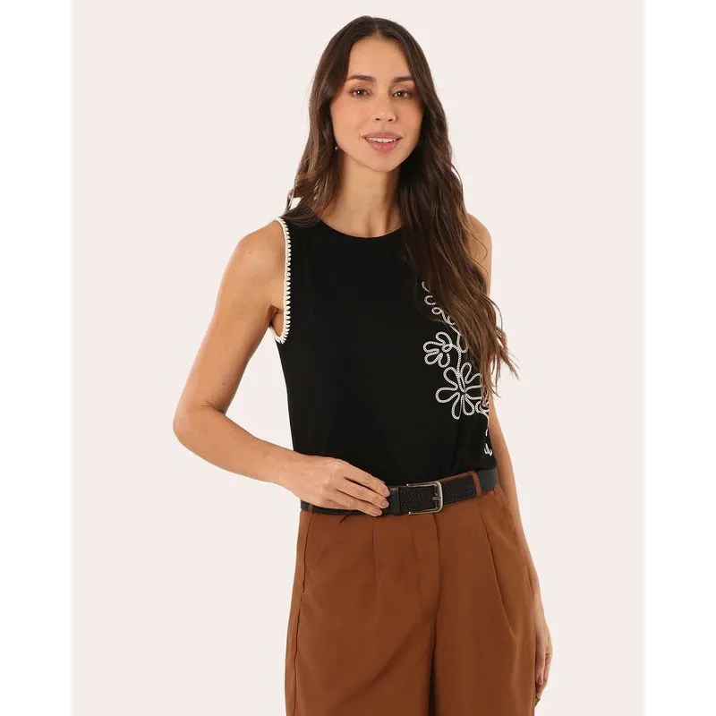 Regata Feminina com Estampa Floral e Picueta Preta P